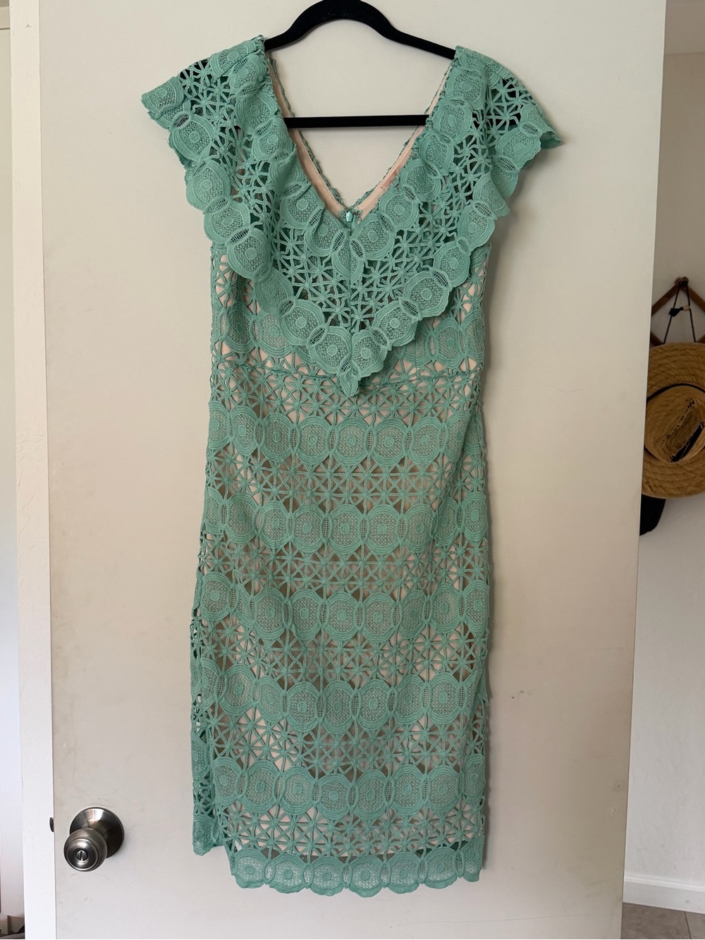 Crochet Coquette Garden Party Wedding Guest Lace V-Neck Sheath Dress in Mint
